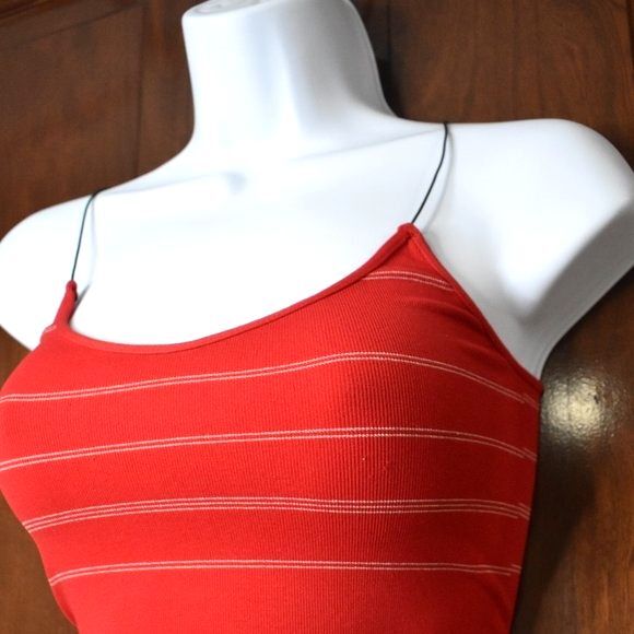 Womens Seamless Red and White Striped Spaghetti String Cropped Tank Top - Picture 2 of 11